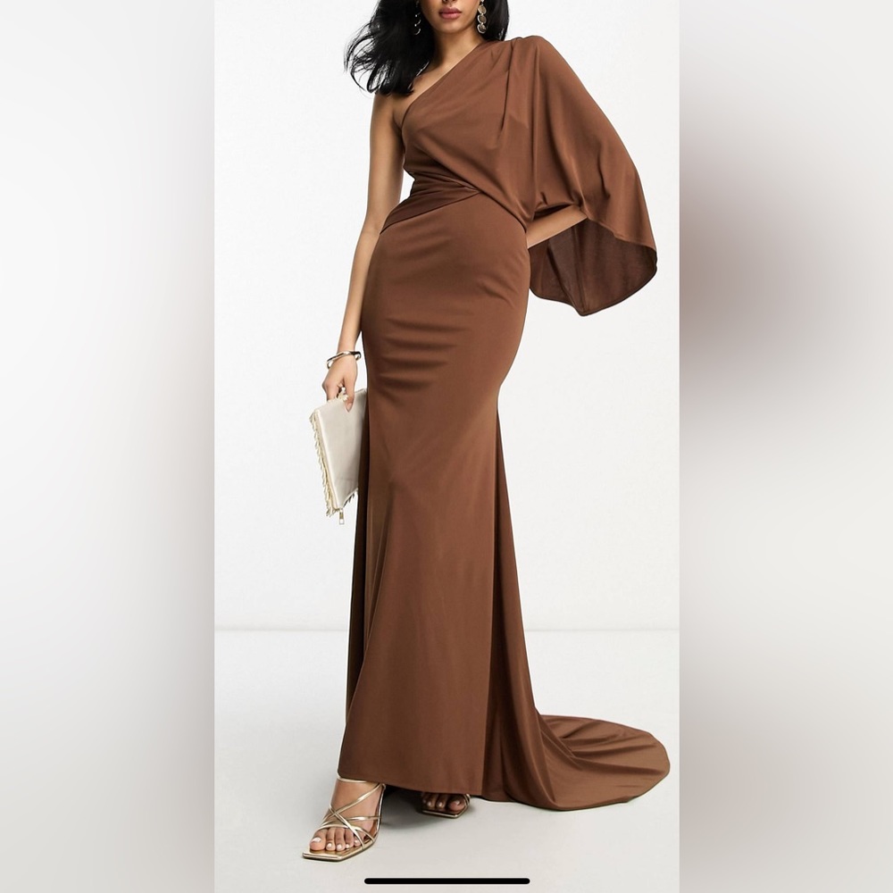 Asos Design One shoulder draped maxi dress with train detail